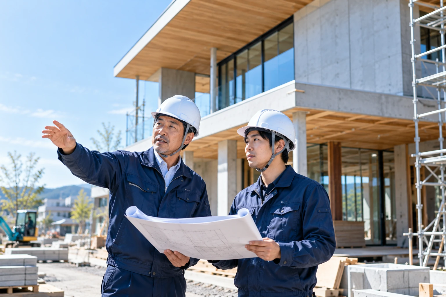 建築現場で図面を確認しながら対話する代表者と若手社員