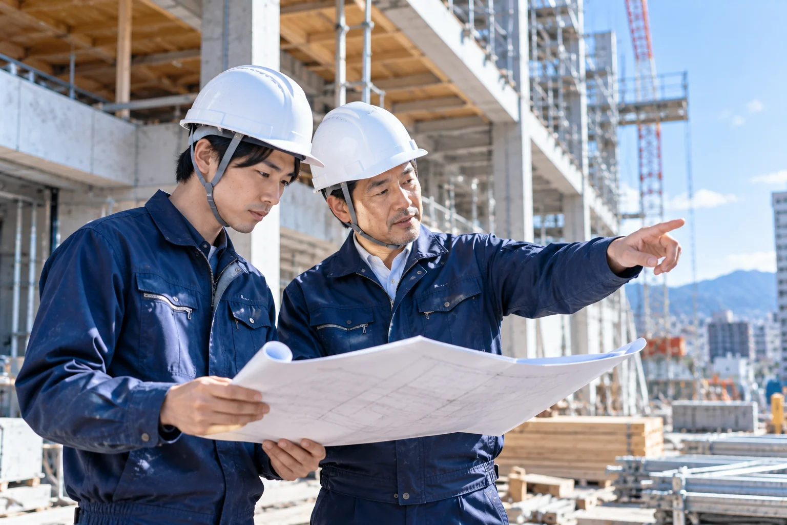 建設現場で先輩社員から図面と施工について学ぶ若手社員