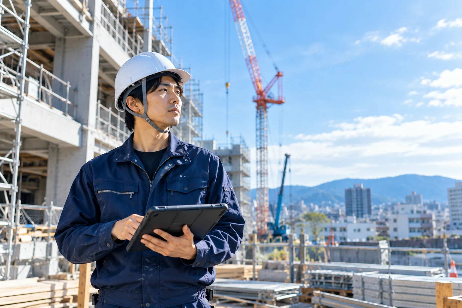 タブレットを手に建設現場の先を見据える蒼建の若手社員