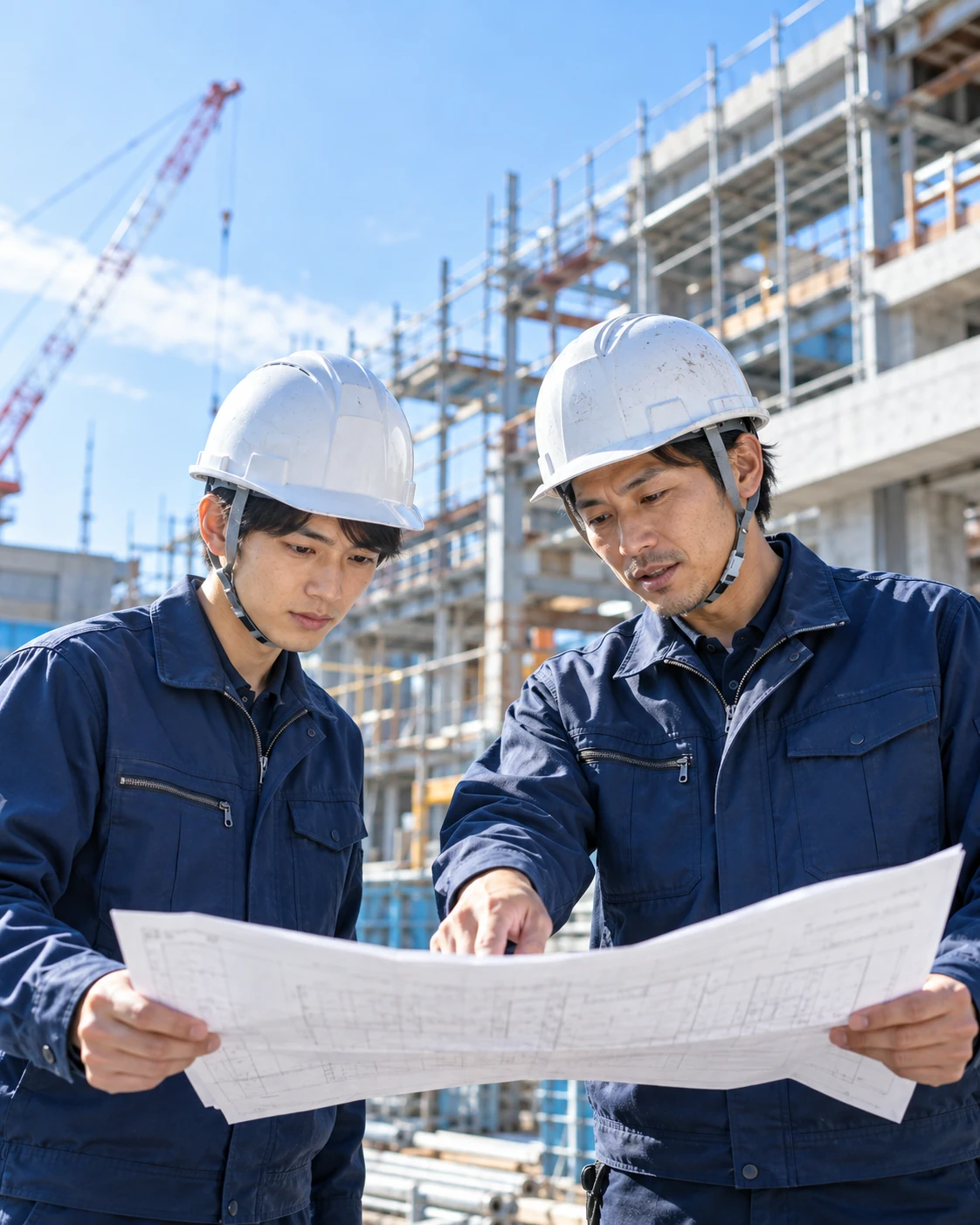 建設現場で図面を囲み、相談し合う若手社員と先輩社員