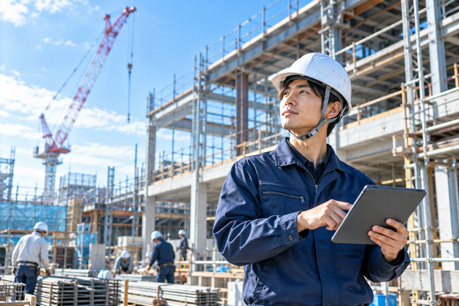 木造住宅の建築現場で施工状況を確認する技術者
